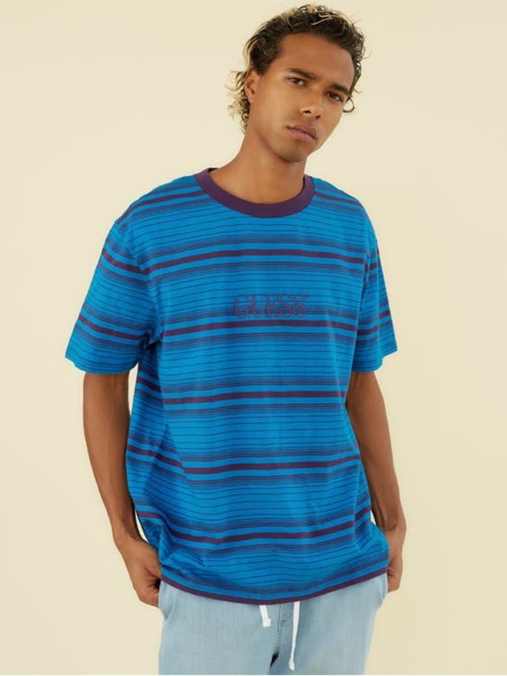 New Guess ORIGINALS Blue Striped Short Sleeve Tee with Purple Trim SZ L - Picture 1 of 6